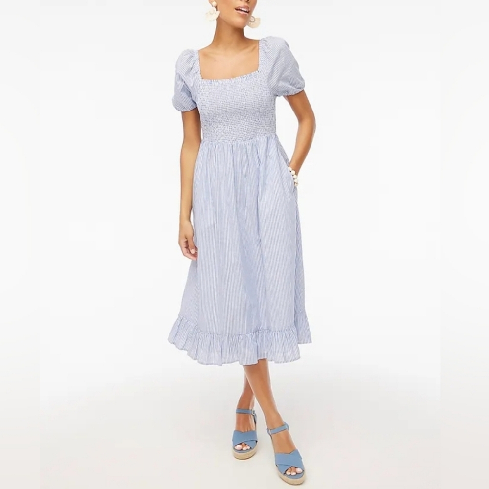J Crew Midi Puff Sleeve White And Blue Striped Dress - Picture 1 of 11